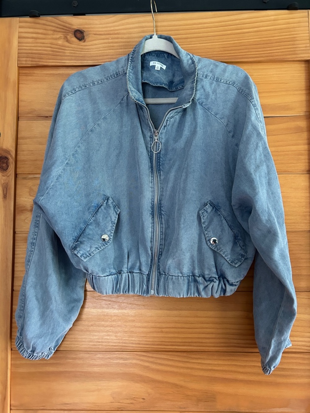 En Creme Light Blue Denim Bomber Jacket